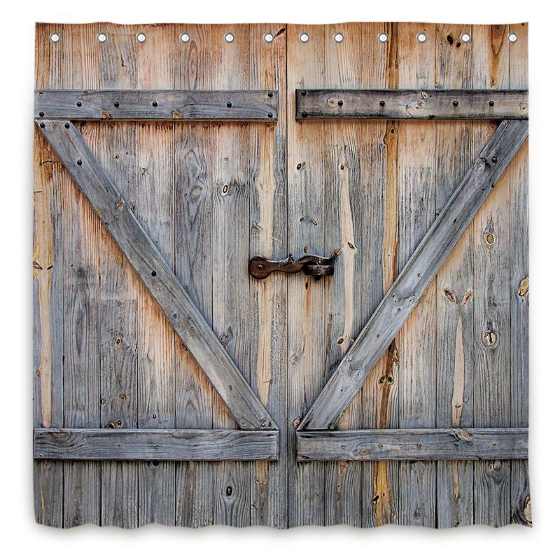 Riyidecor Rustic Barn Door Shower Curtain Farmhouse Wooden Wood Vintage Plank Country Decor Fabric Polyester Waterproof 72Wx72H Inch 12 Pack Metal Hooks - Image 5